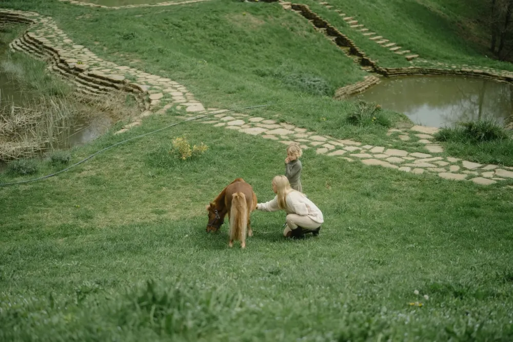 enfant et maman caressant un poney
